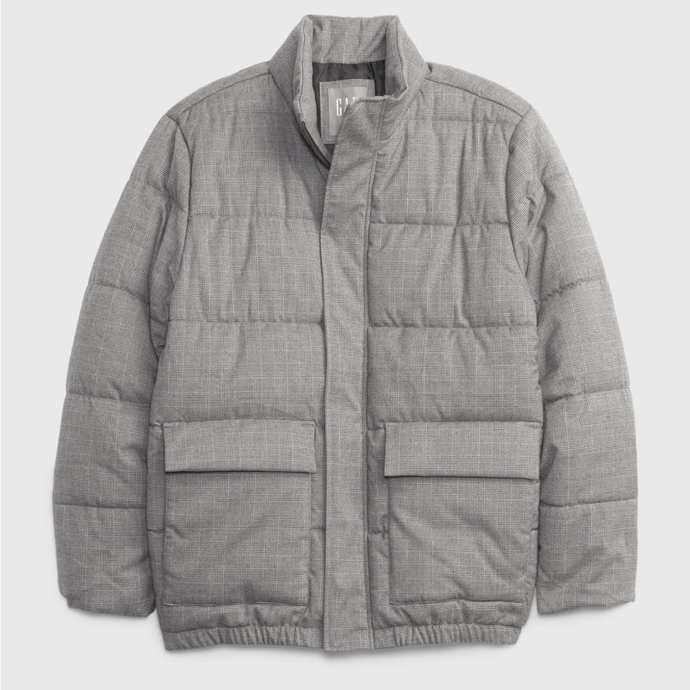 Men’s Gray Plaid Puffer Jacket, Gap, M/Medium